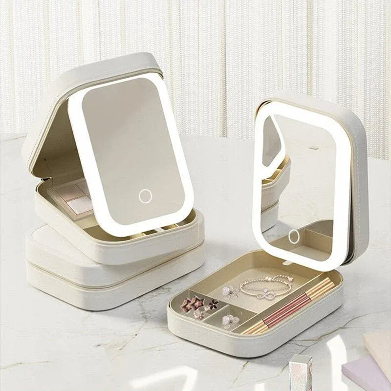 Makeup Storage Box With LED Light Mirror | Portable Travel Cosmetics Organizer