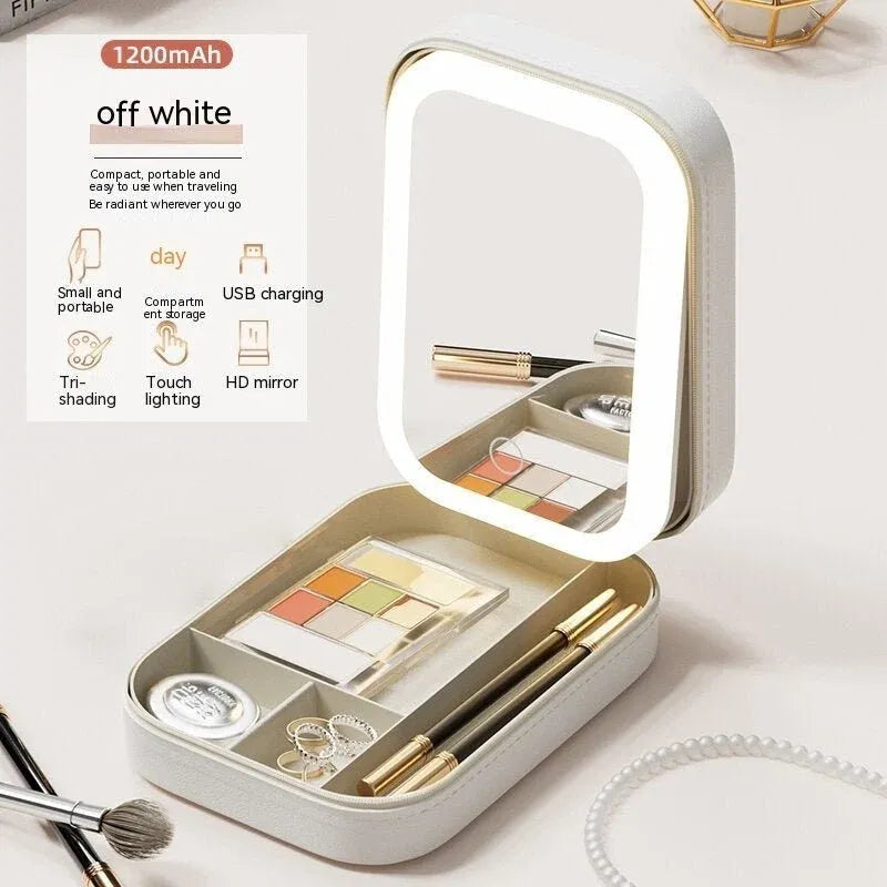 Makeup Storage Box With LED Light Mirror | Portable Travel Cosmetics Organizer