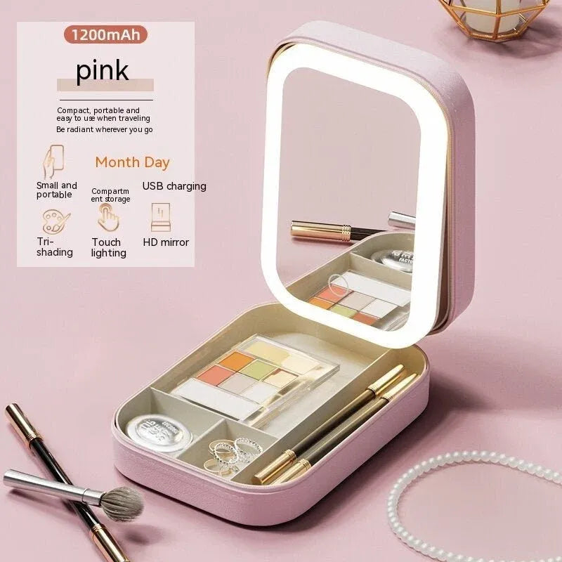 Makeup Storage Box With LED Light Mirror | Portable Travel Cosmetics Organizer
