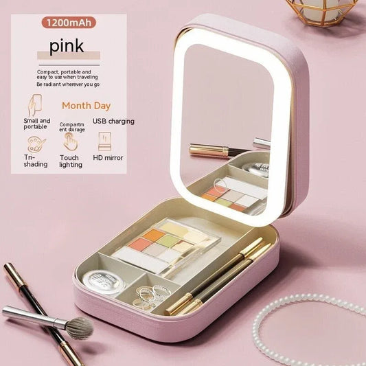 Makeup Storage Box With LED Light Mirror | Portable Travel Cosmetics Organizer