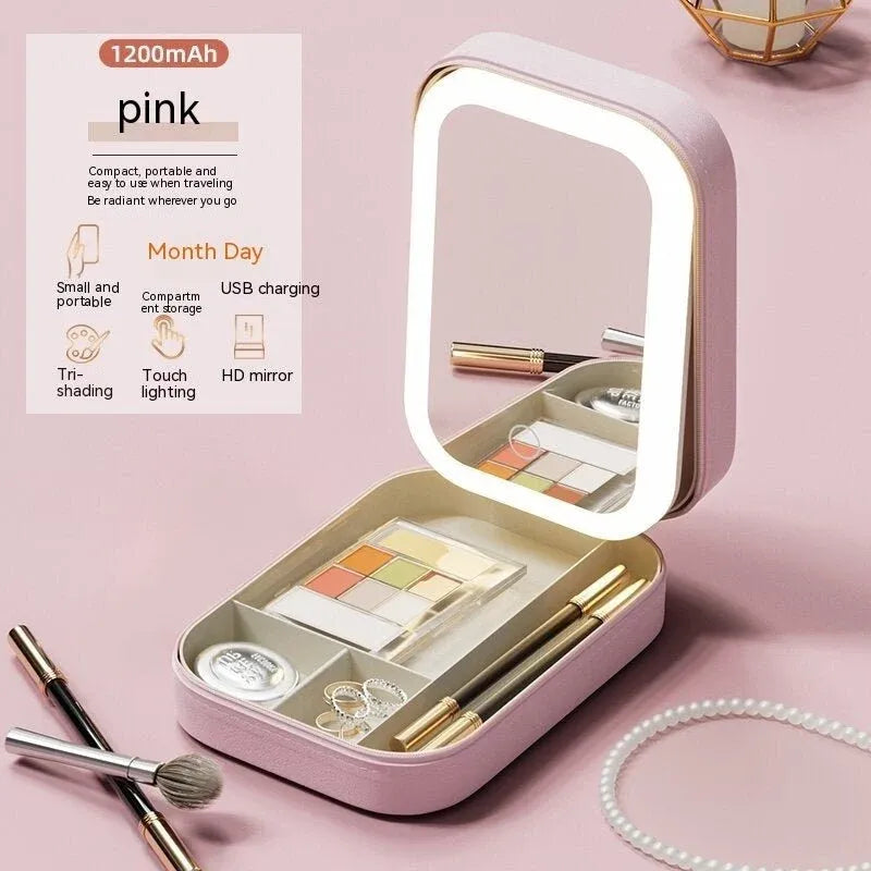Makeup Storage Box With LED Light Mirror | Portable Travel Cosmetics Organizer